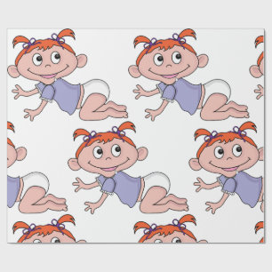Cartoon Baby Girl Crawling Red Hair Purple Bows Wrapping Paper