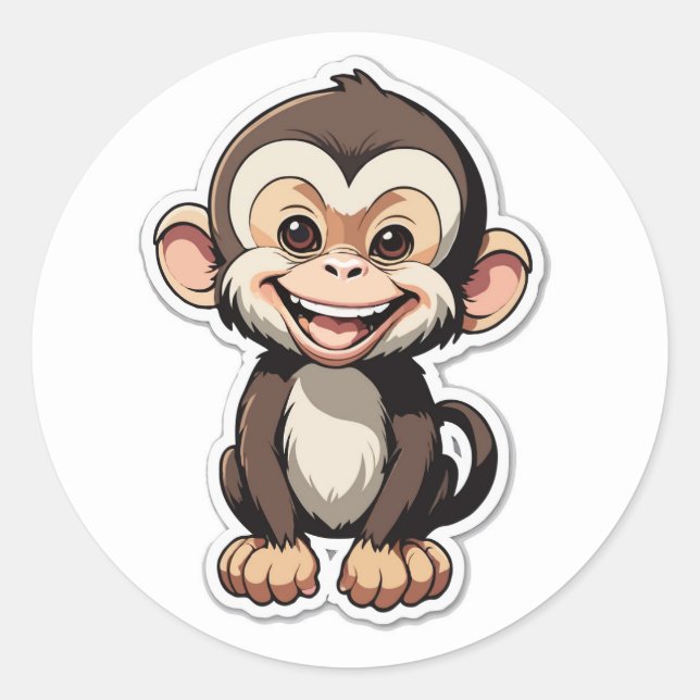 Cartoon Baby Monkey Laughing Classic Round Sticker (Front)