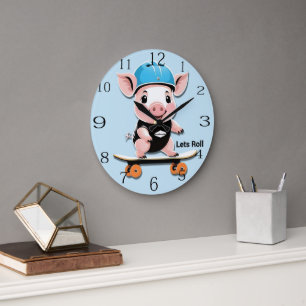 Cartoon Baby Pig Riding A Skateboard Lets Roll, Large Clock