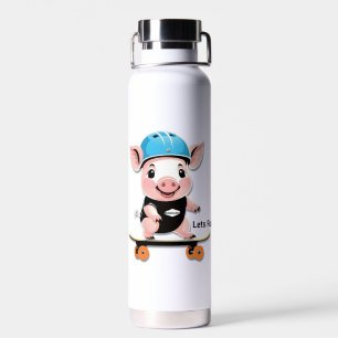Cartoon Baby Pig Riding A Skateboard Lets Roll, Water Bottle
