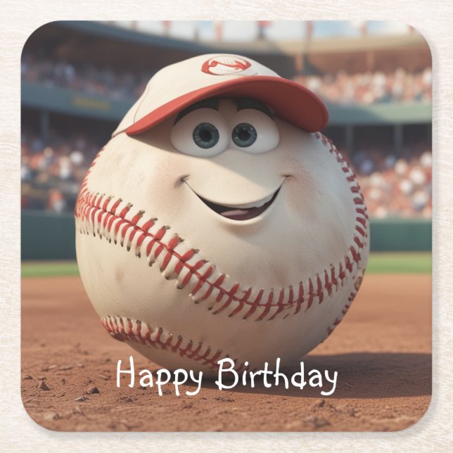 Cartoon Baseball Birthday Square Paper Coaster (Front)