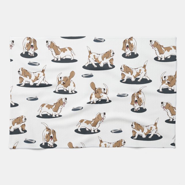 Cartoon Basset Hounds Dog Pattern Tea Towel (Horizontal)