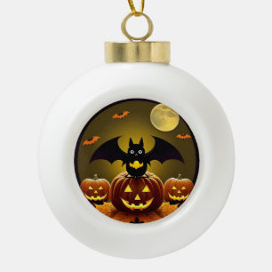 Cartoon Bat and Pumpkins Under Full Moon Ceramic Ball Christmas Ornament