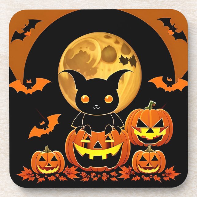 Cartoon Bat and Pumpkins Under Full Moon Coaster (Front)