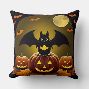 Cartoon Bat and Pumpkins Under Full Moon Cushion