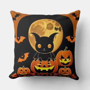 Cartoon Bat and Pumpkins Under Full Moon Cushion