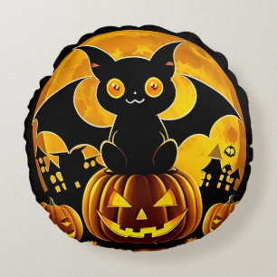 Cartoon Bat and Pumpkins Under Full Moon Round Cushion