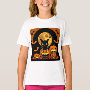 Cartoon Bat and Pumpkins Under Full Moon T-Shirt