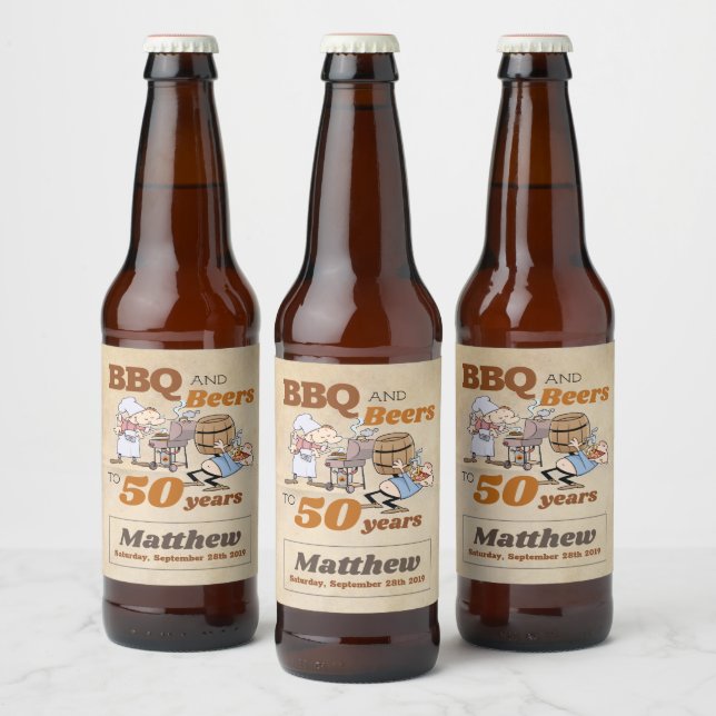 Cartoon BBQ And Beers 50th Birthday Rustic Beer Bottle Label (Bottles)