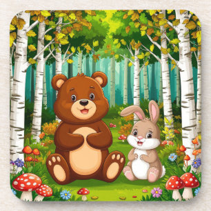 Cartoon Bear and Rabbit Sitting in a Lush Forest Coaster