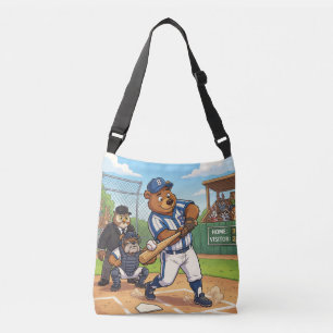 Cartoon Bear Playing Baseball Crossbody Bag