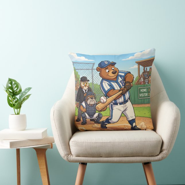 Cartoon Bear Playing Baseball Cushion (Chair)