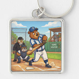 Cartoon Bear Playing Baseball Key Ring
