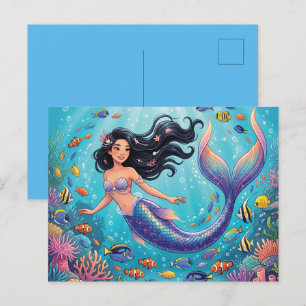 Cartoon Beautiful Mermaid under the Sea Holiday Postcard