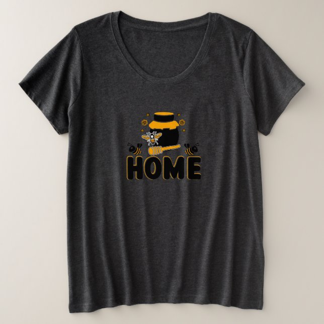 Cartoon Bee and Honey Jar "HOME" T-Shirt Plus Size T-Shirt (Design Front)