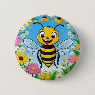 Cartoon Bee Colourful Flowers  6 Cm Round Badge