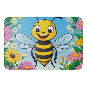 Cartoon Bee Colourful Flowers Bath Mat