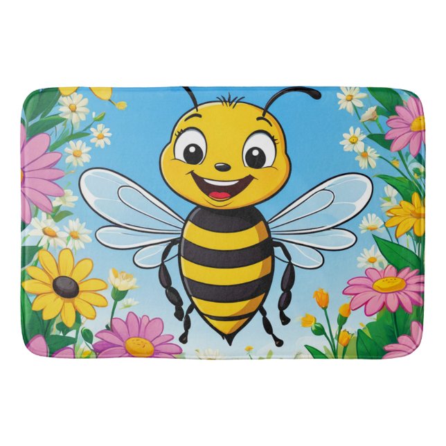 Cartoon Bee Colourful Flowers  Bath Mat (Front)