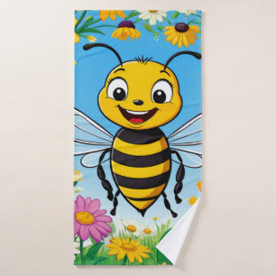 Cartoon Bee Colourful Flowers  Bath Towel