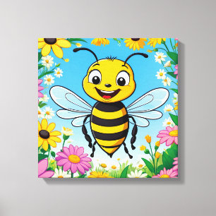 Cartoon Bee Colourful Flowers Canvas Print