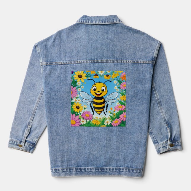 Cartoon Bee Colourful Flowers  Denim Jacket (Back)