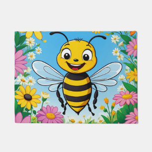 Cartoon Bee Colourful Flowers Doormat