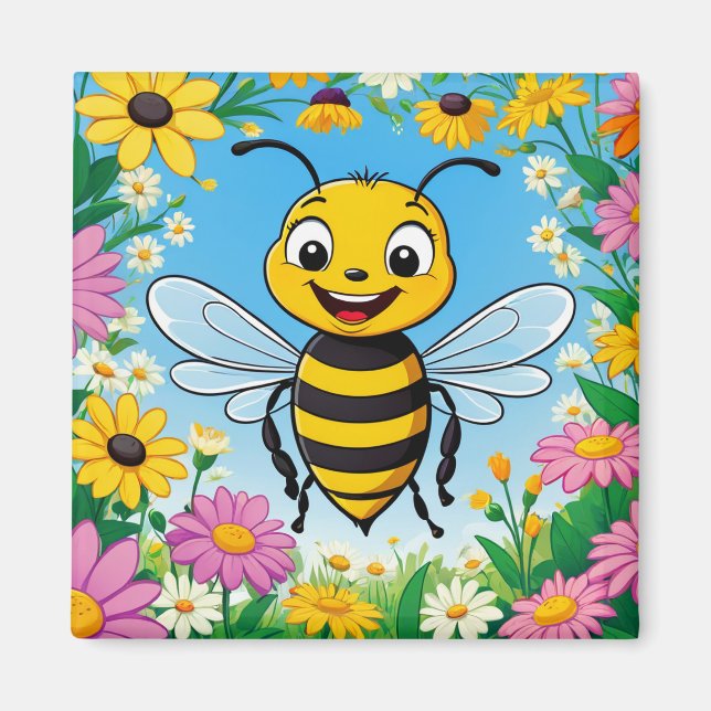 Cartoon Bee Colourful Flowers  Magnet (Front)