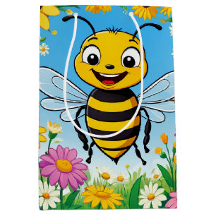 Cartoon Bee Colourful Flowers Medium Gift Bag