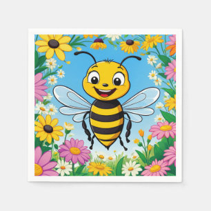 Cartoon Bee Colourful Flowers  Napkin