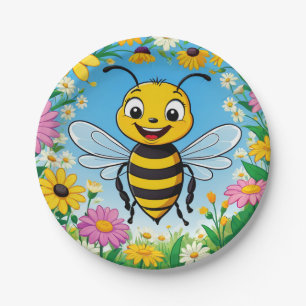Cartoon Bee Colourful Flowers Paper Plate