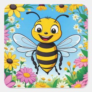 Cartoon Bee Colourful Flowers  Square Sticker