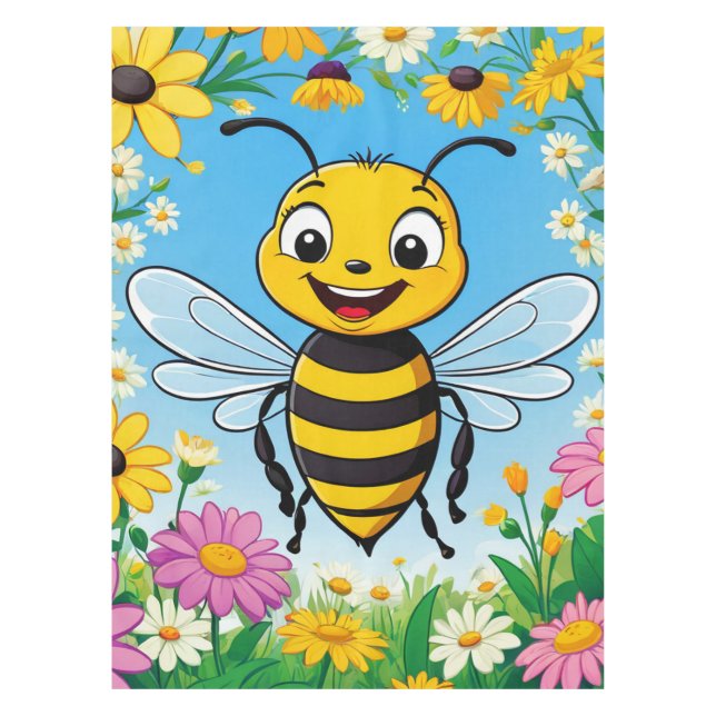 Cartoon Bee Colourful Flowers  Tablecloth (Front)
