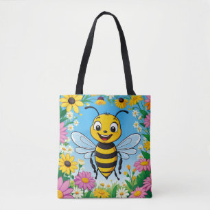 Cartoon Bee Colourful Flowers  Tote Bag