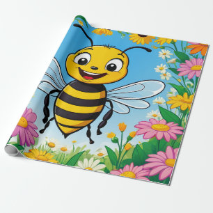 Cartoon Bee Colourful Flowers  Wrapping Paper