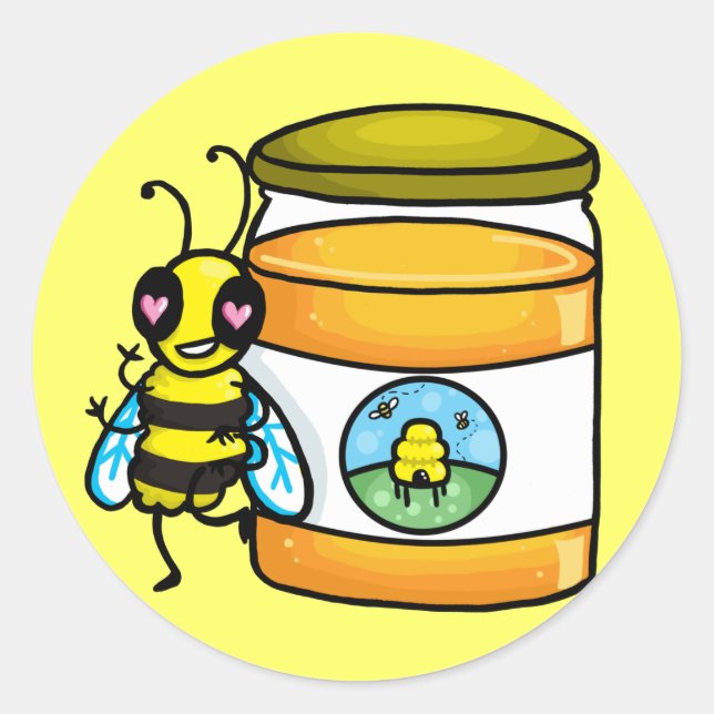 Cartoon bee leaning on honey jar classic round sticker (Front)