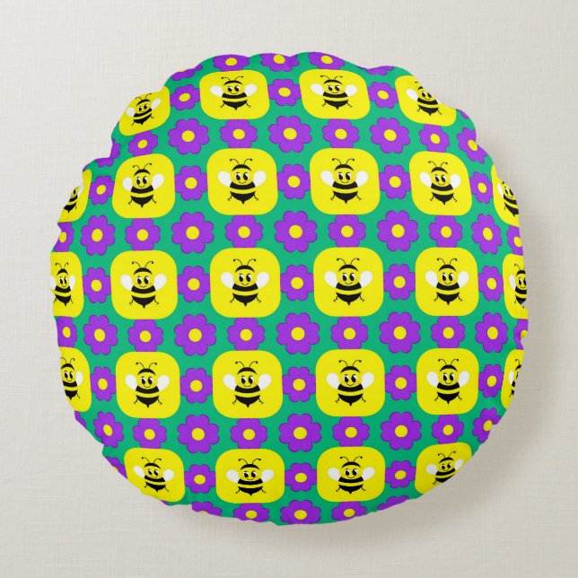 Cartoon Bees and Flowers Round Cushion (Front)