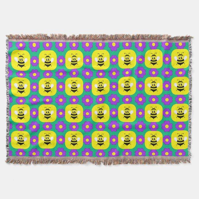 Cartoon Bees and Flowers Throw Blanket (Front)