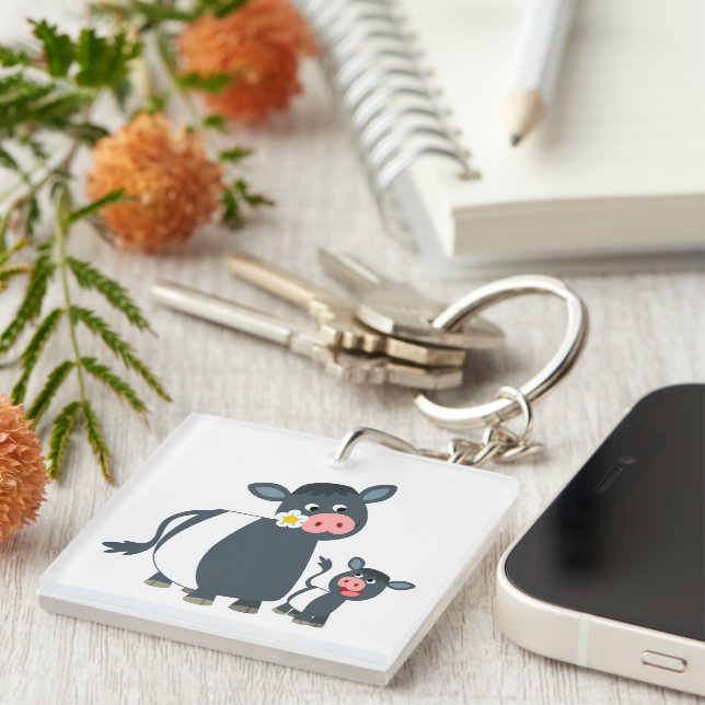Cartoon Belted Galloway Cow & Calf Acrylic Keyring (Front Right)