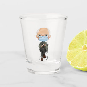 Cartoon Bernie Sanders and his Warm Brown Mittens Shot Glass