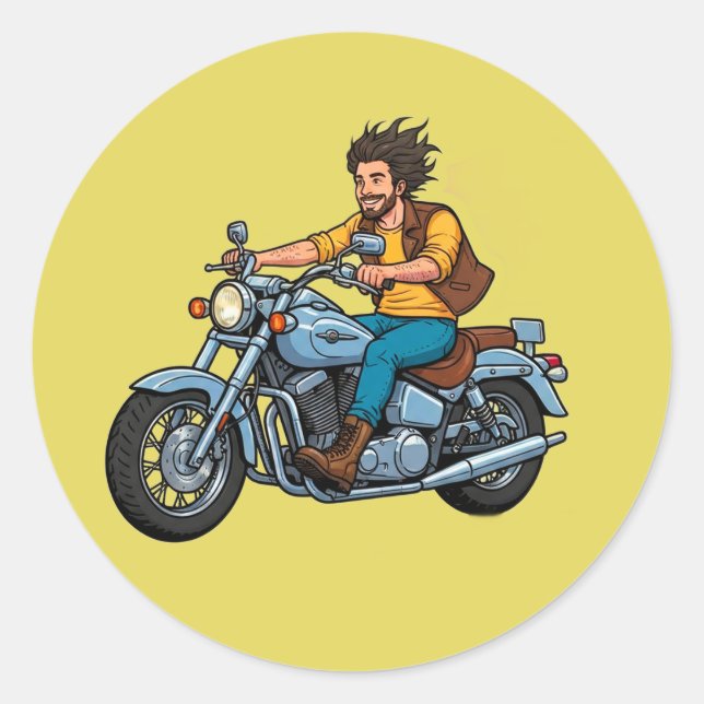 Cartoon Biker Riding a Motorcycle  Classic Round Sticker (Front)