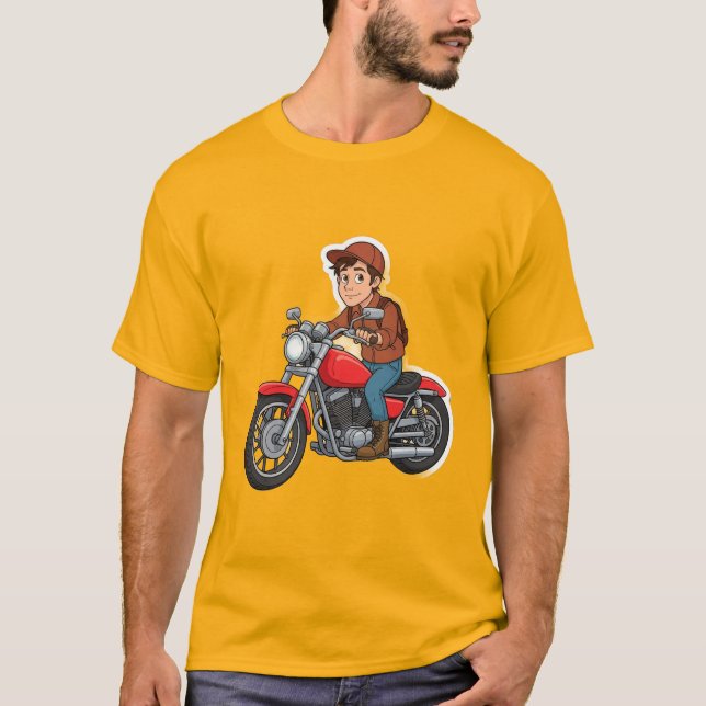 Cartoon Biker Riding a Motorcycle  T-Shirt (Front)