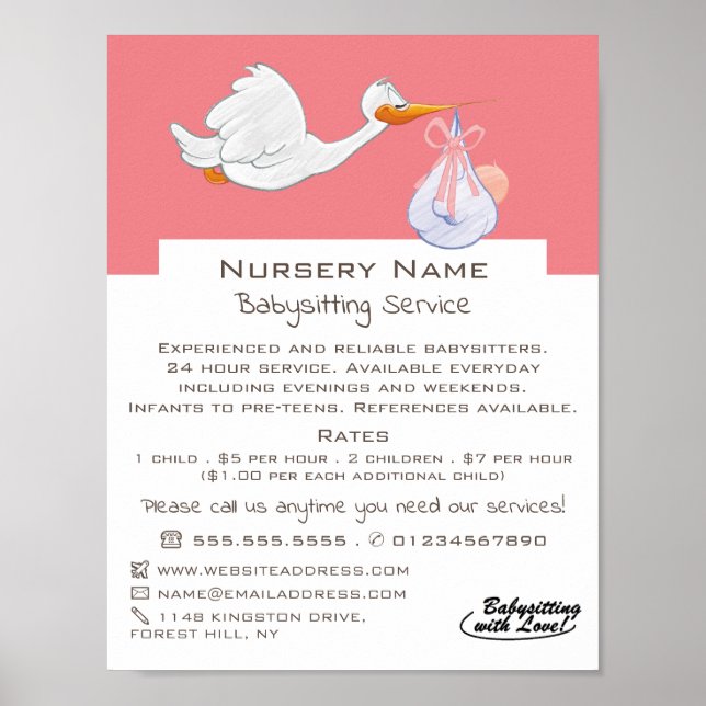 Cartoon Bird & Baby, Babysitter, Daycare, Nursery Poster (Front)
