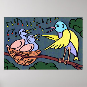 Cartoon birds singing in a tree poster