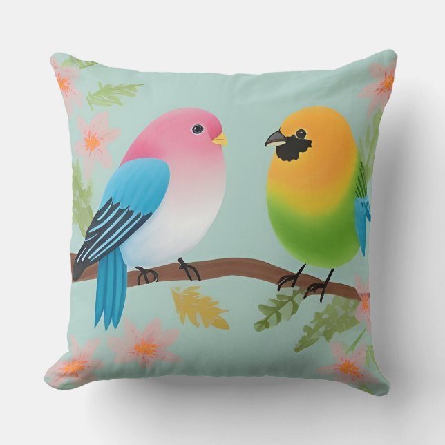 🌸 Cartoon Birds Throw Pillow Spring Nature Decor  (Front)