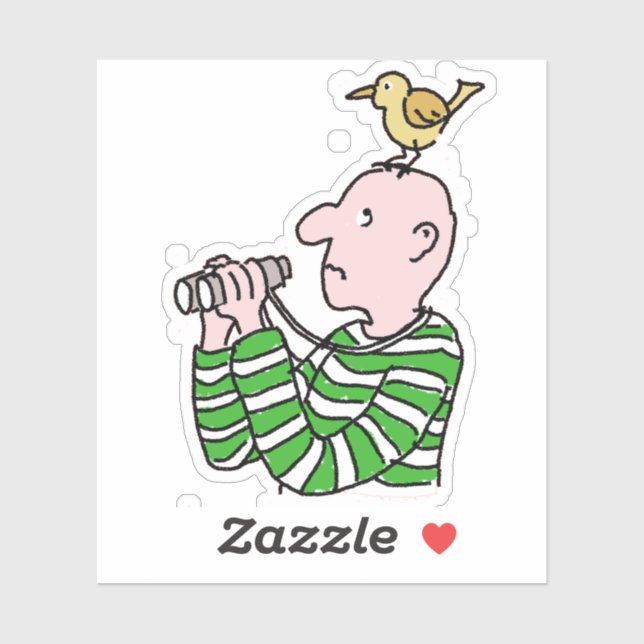 Cartoon birdwatcher with bird on his head. (Sheet)