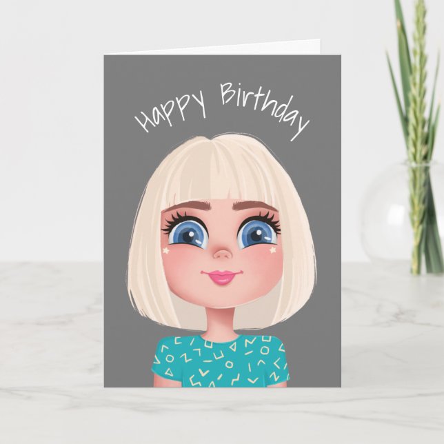 Cartoon Birthday Blonde Girl On Grey  Card (Front)