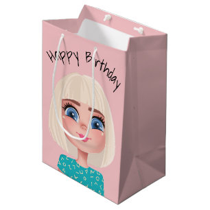 Cartoon Birthday Girl On Blush Pink Medium Gift Bag