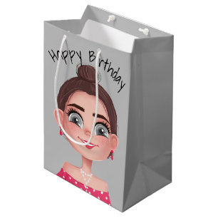 Cartoon Birthday Girl On Grey Medium Gift Bag