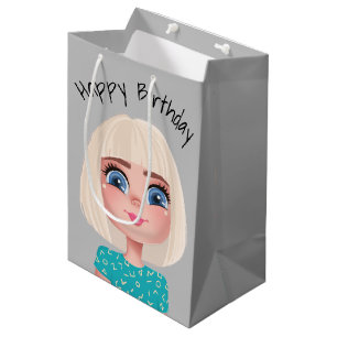 Cartoon Birthday Girl On Grey Medium Gift Bag