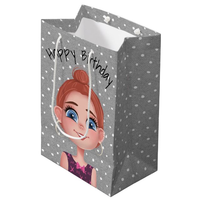 Cartoon Birthday Girl On Polka Dots Medium Gift Bag (Front Angled)